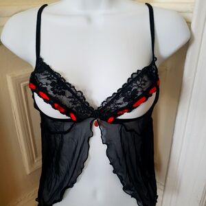 Open Cup Chemise Sexy Red Black Size 0S Sheer Babydol